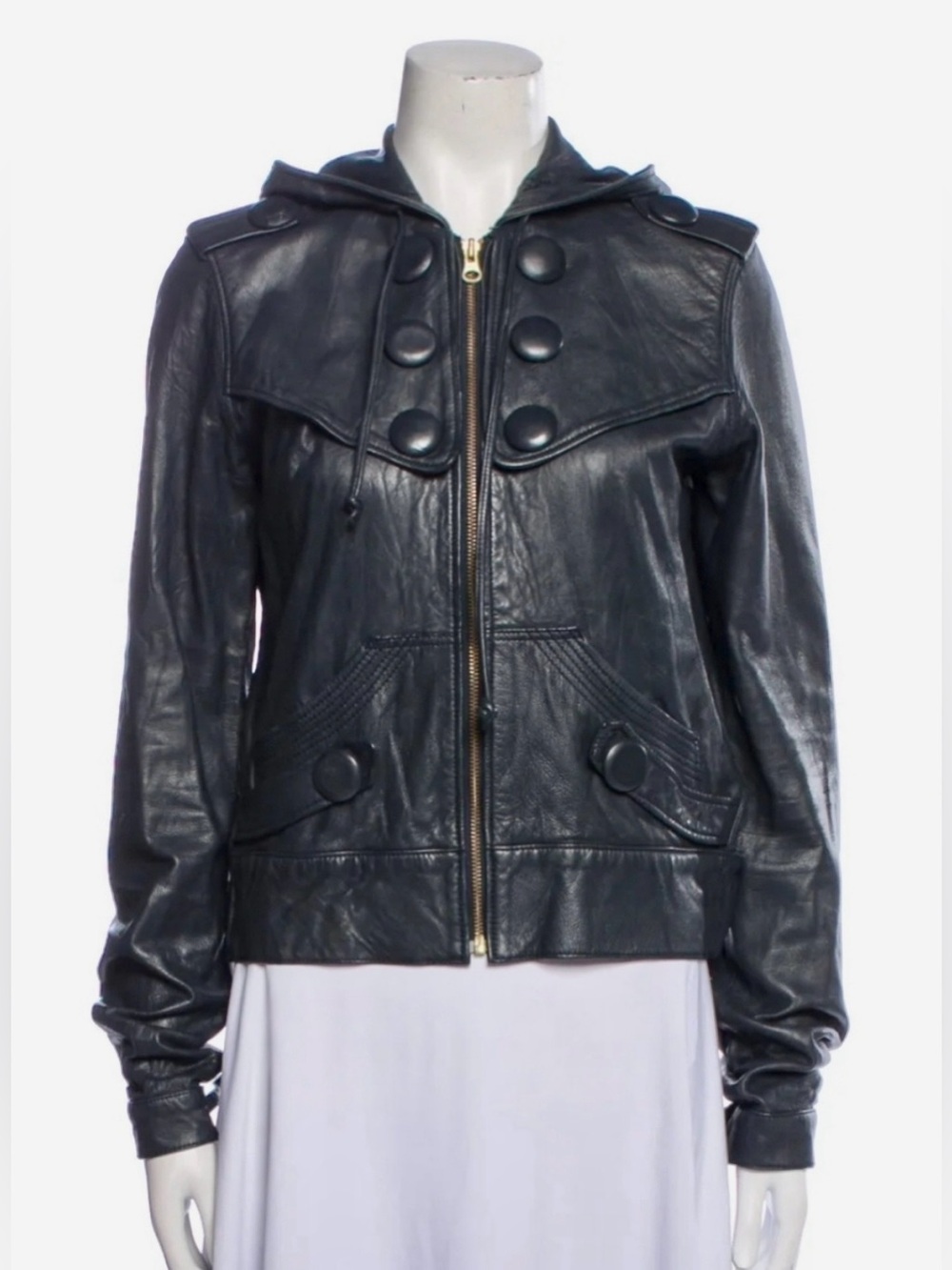 Mike & Chris Ash Blue Leather Hooded Bomber Jacket, Sz L/8 - Picture 3 of 8
